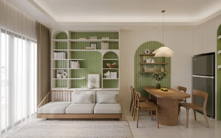 Thiết kế nội thất phòng khách căn hộ chung cư tông xanh lá dịu với kệ sách vòm, sofa gỗ đệm trắng và bàn ăn gỗ