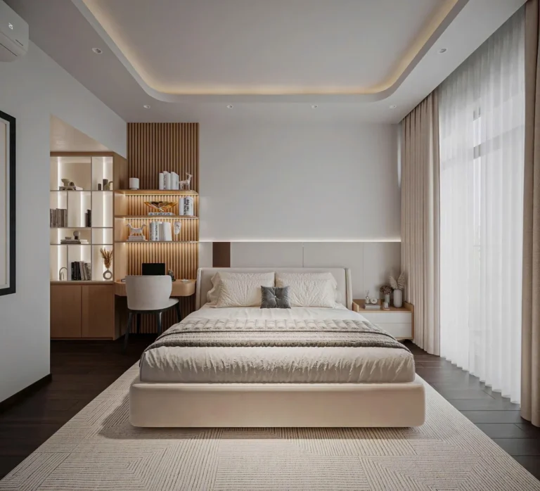 Thiết kế phòng ngủ master đối xứng với giường bọc nệm kem, ốp đầu giường hắt sáng, rèm hai lớp và kệ nan gỗ