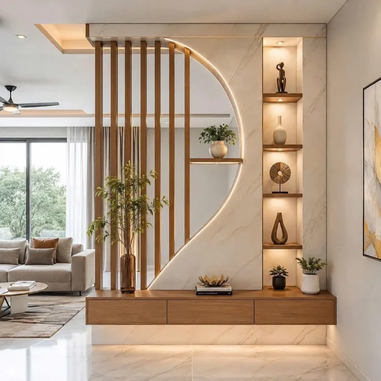 Vách ốp tường trang trí kết hợp lam gỗ và ốp vân đá vòng cung hắt LED, kệ trưng bày ngăn phòng khách