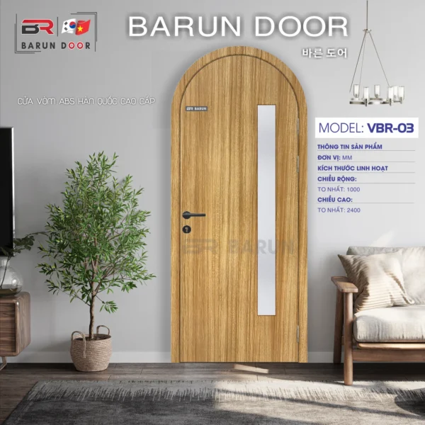 Cửa vòm BRV-03 vân gỗ với ô kính mờ dọc thân cửa