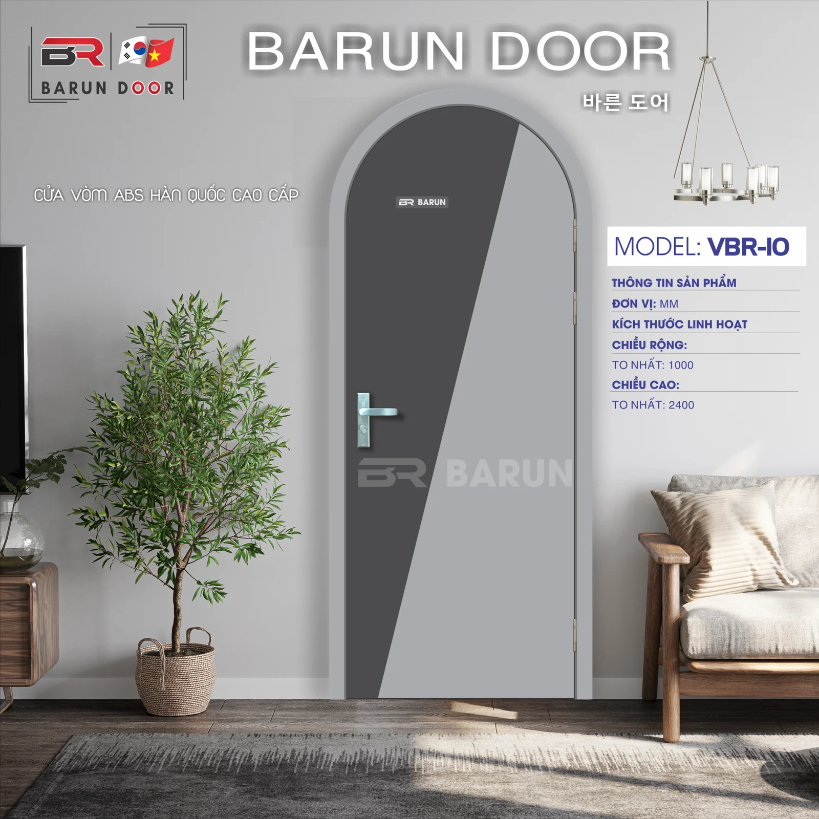 Cửa vòm BRV-10 chia mảng tam giác chéo phối hai tông xám